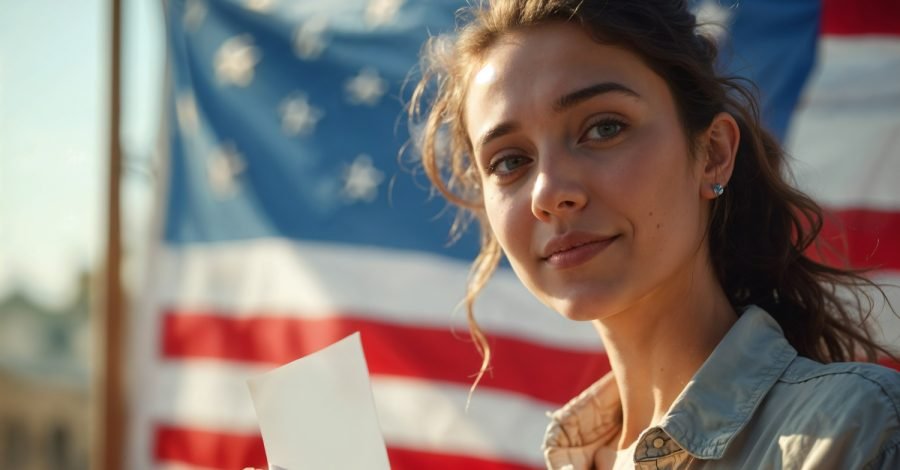 Imagem gerada por IA mostrando uma mulher jovem à frente de uma bandeira dos EUA após pagar sua taxa consular para visto americano.